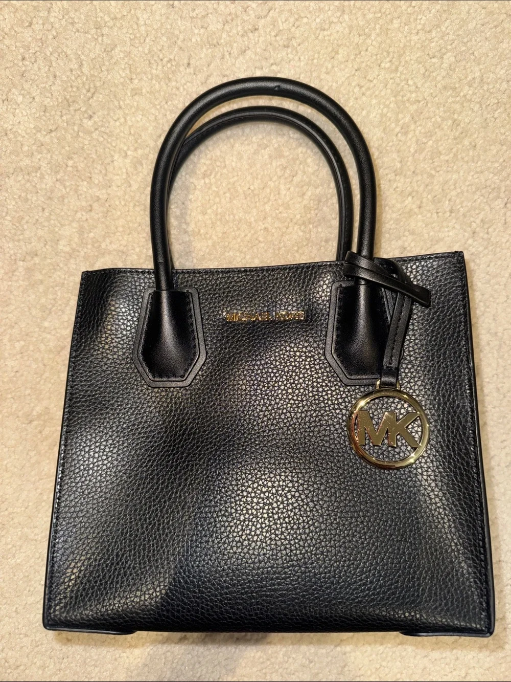 Michael Kors Black Pebble Leather Satchel with Gold MK Charm